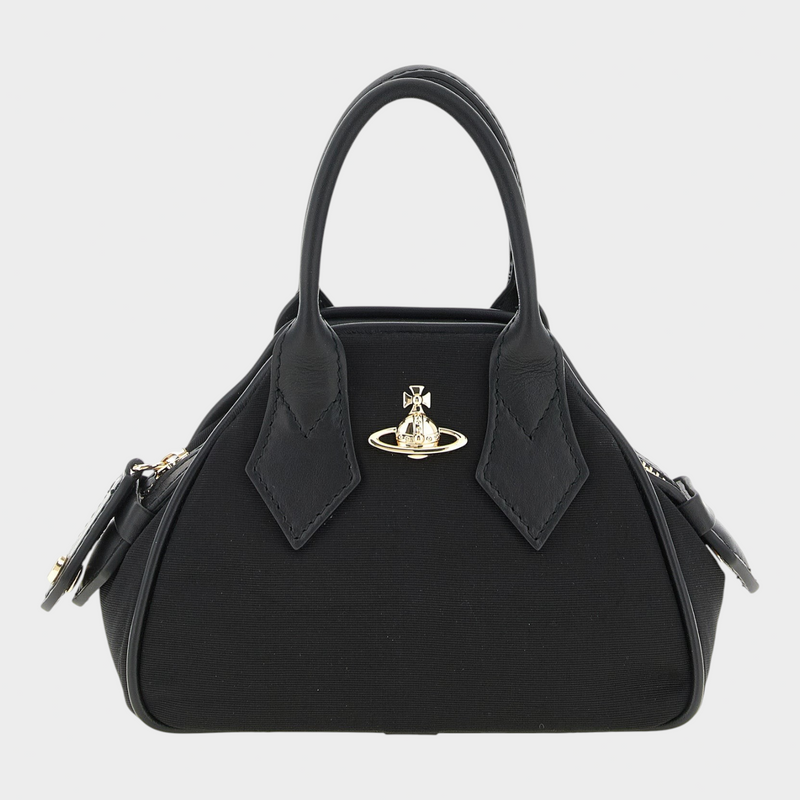 Esmire & Co Vivienne Westwood black moiré mini Yasmine satchel with gold Orb emblem and structured top handles.