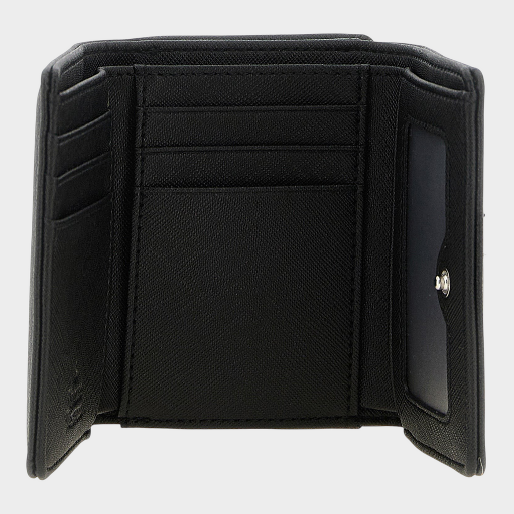 Esmire & Co Vivienne Westwood black Saffiano tri-fold wallet interior with card slots and transparent ID window