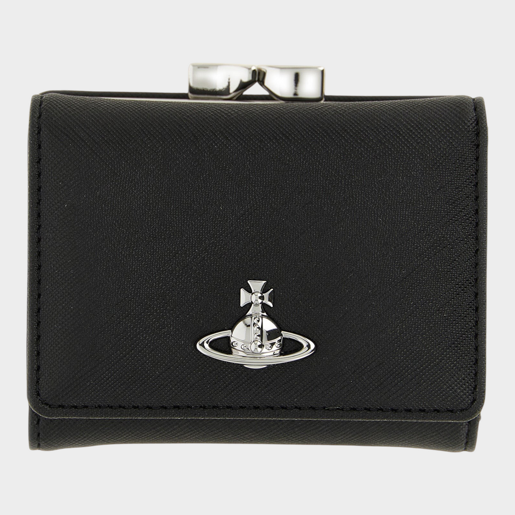 Esmire & Co Vivienne Westwood black Saffiano tri-fold wallet with silver Orb logo and metal snap closure