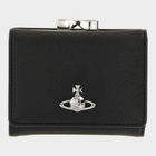 Esmire & Co Vivienne Westwood black Saffiano tri-fold wallet with silver Orb logo and metal snap closure