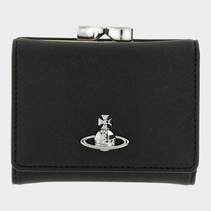 Esmire & Co Vivienne Westwood black Saffiano tri-fold wallet with silver Orb logo and metal snap closure