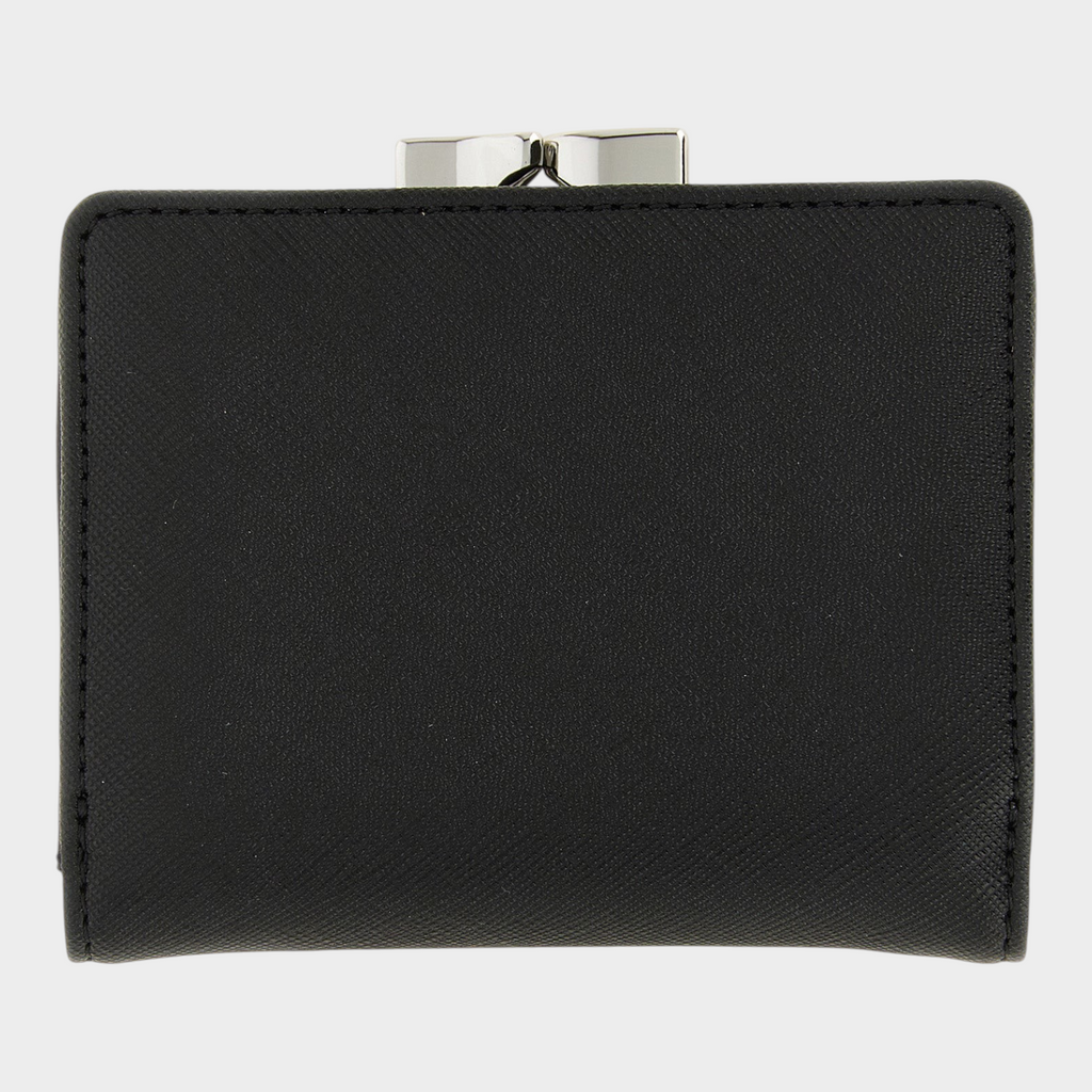 Esmire & Co Vivienne Westwood black Saffiano polyurethane tri-fold wallet with a silver metal frame snap closure