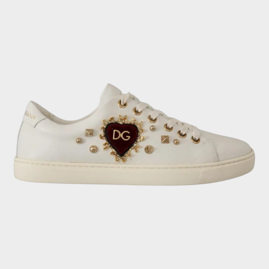 Esmire & Co white leather Dolce & Gabbana sneakers featuring a red velvet heart with gold studs and DG logo