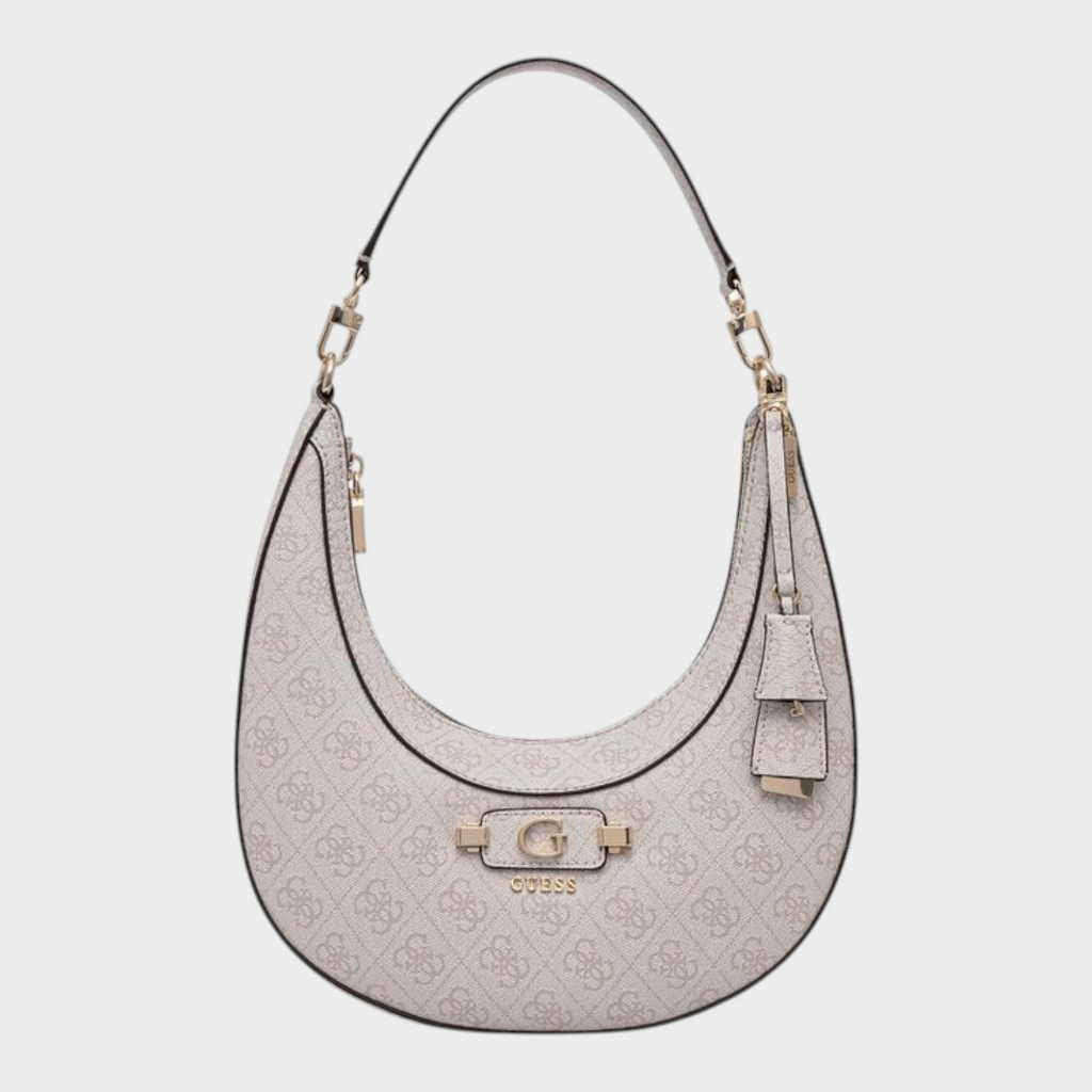 Esmire & Co white crescent handbag with all-over logo print, gold-tone hardware, and a single shoulder strap.