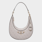 Esmire & Co white crescent handbag with all-over logo print, gold-tone hardware, and a single shoulder strap.